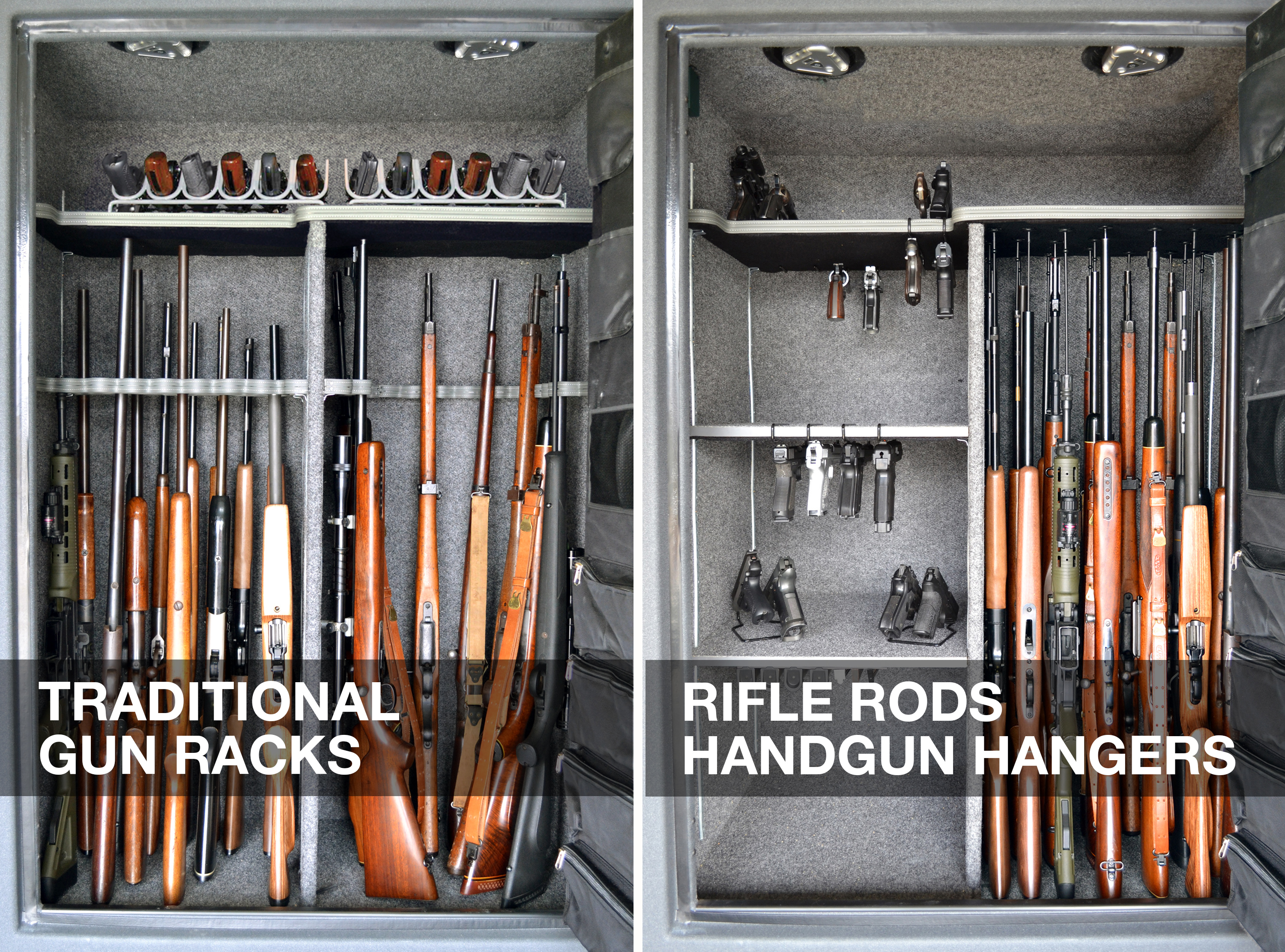 Gun Safe using Rifle Rods and Handgun Hangers vs Traditional Gun Racks